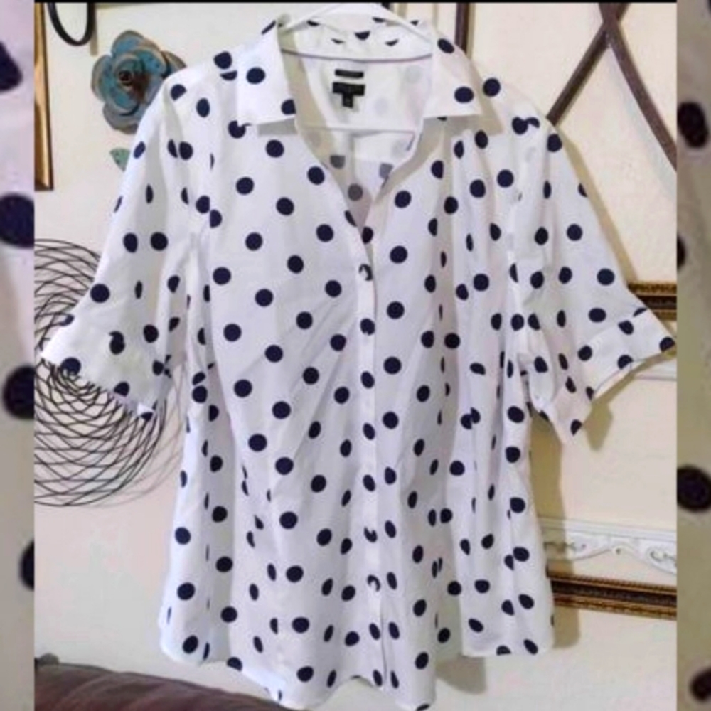 2X 🏖 Talbots Womens Plus Size Navy N White Polkadot Oxford Top🦩